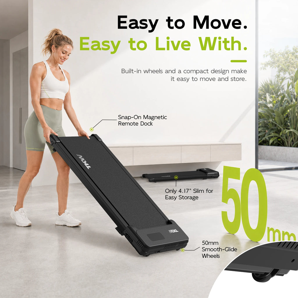 Woman moving the slim TKW 100CW walking pad using 50 mm wheels, with magnetic remote storage and a 4.17-inch profile.