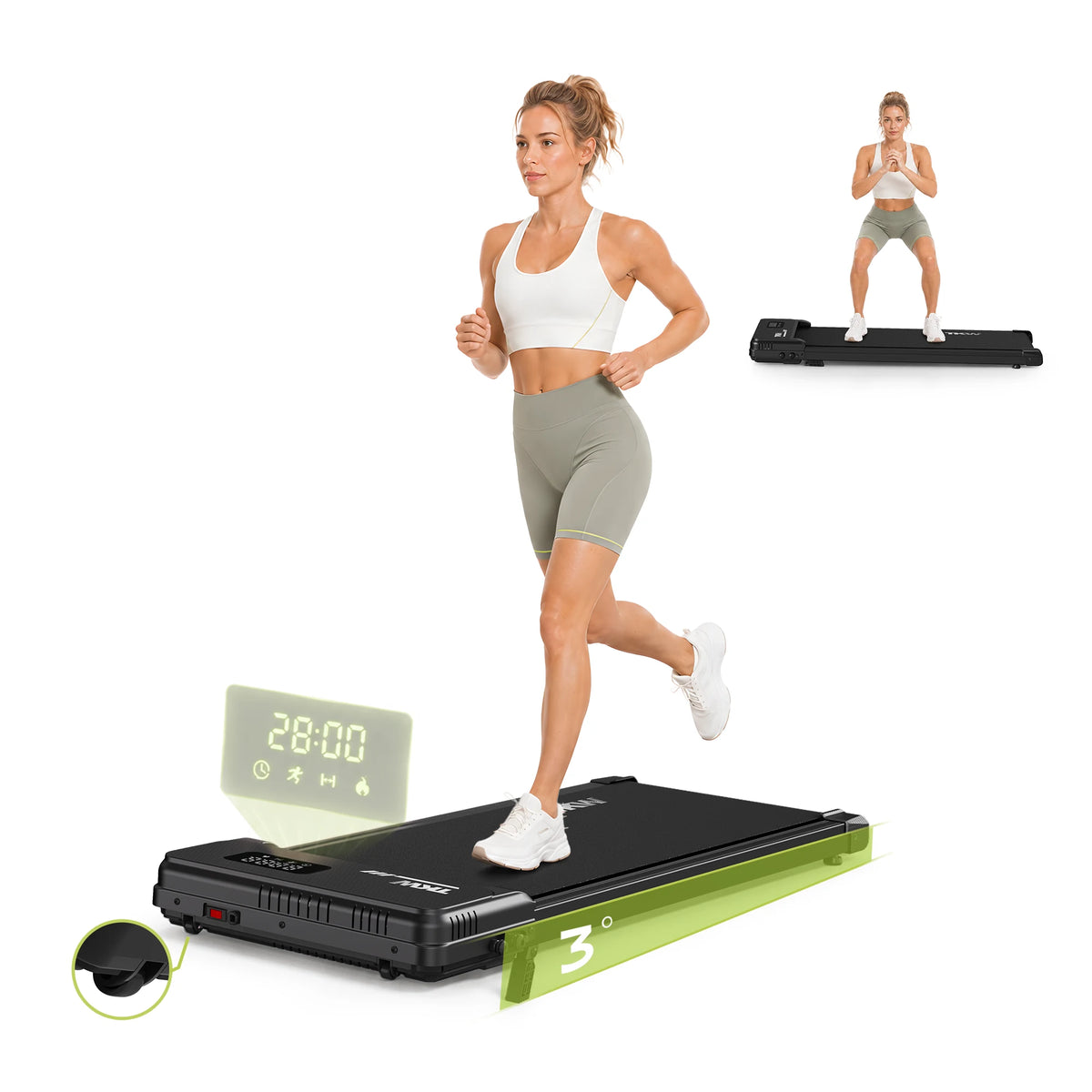 TKW 100CW black vibration walking pad shown for running and vibration exercise with a built-in 3-degree incline.